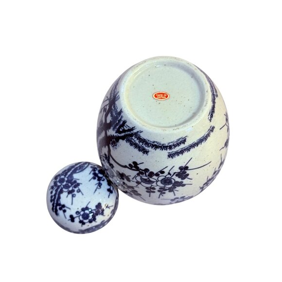 Japanese Ceramic Ginger Jar Pottery Lid VTG Blue Floral Cherry Blossom Storage - Picture 4 of 14